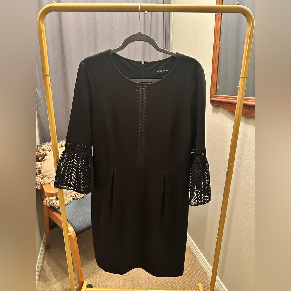 IVANKA TRUMP Black w/Nude Eyelet Insert Crochet Bell Sleeve Sheath Dress
